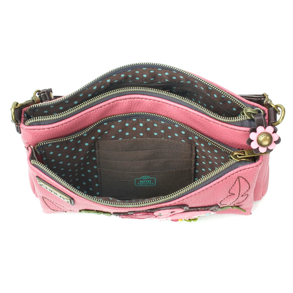 CHALA Flamingo Crossbody Bag - interior view showing RFID protection and card slots